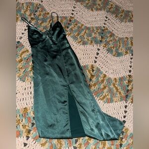 Silky Deep Green Slip Dress with Side Slit